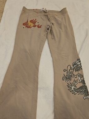 Beige Dragon-Detail Flare Pants